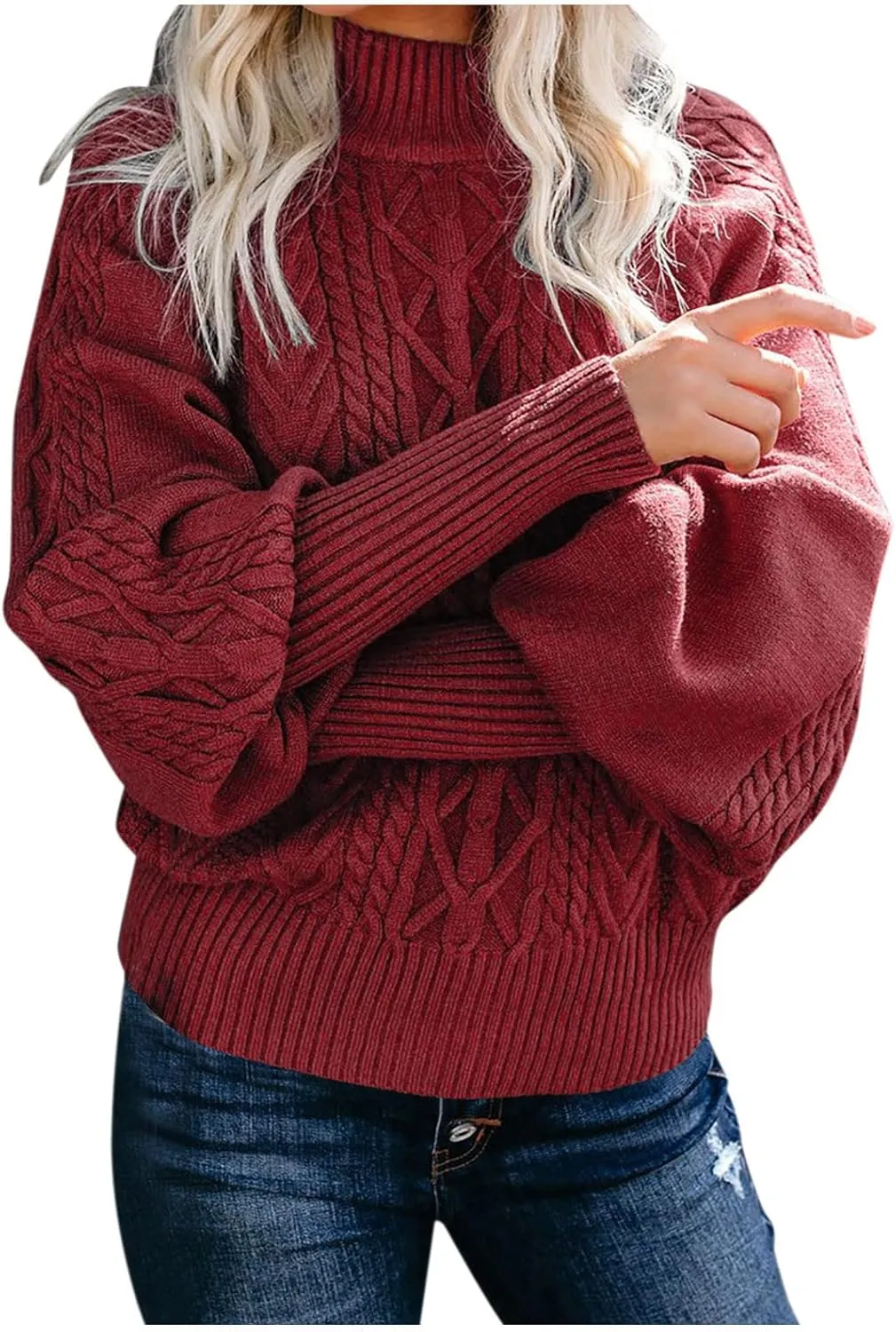 Sweaters for Women Mock Turtleneck Solid Cable Knitted Trendy Lantern Sleeve Warm Comfort Pullover Sweaters Tops