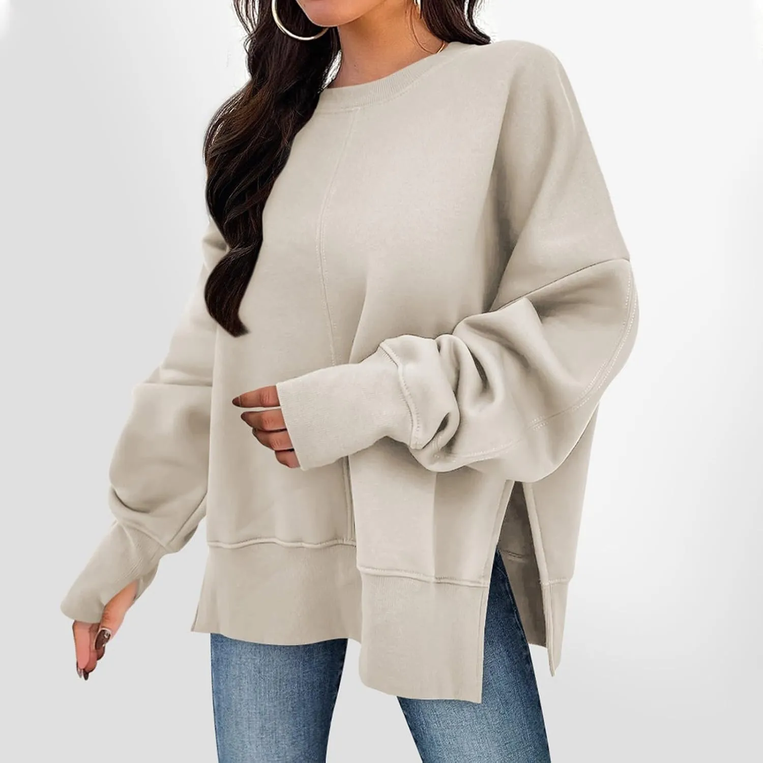 Sweatshirt for Women Crewneck Long Sleeve Shirts Fall Fashion Split Hem Lightweight Pullover Tops Oversized Sweater