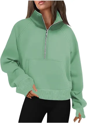 Sweatshirt For Women Half Zip Cropped Pullover With Thumb Hole Fleece Quarter Zipper Hoodies Oversized Sweatshirts