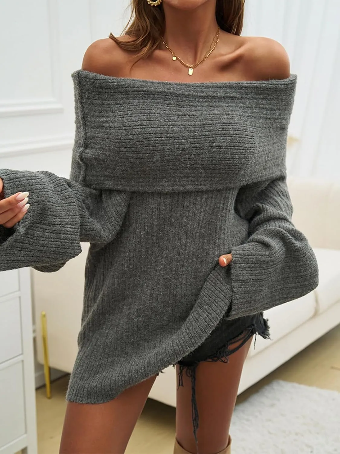 Tbahhir Off The Shoulder Oversized Sweaters for Women Batwing Long Sleeve Chunky Slouchy Cable Knitted Pullover Tops