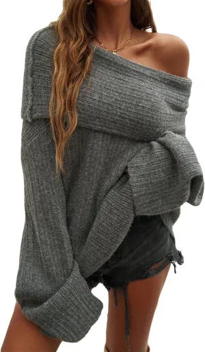 Tbahhir Off The Shoulder Oversized Sweaters for Women Batwing Long Sleeve Chunky Slouchy Cable Knitted Pullover Tops