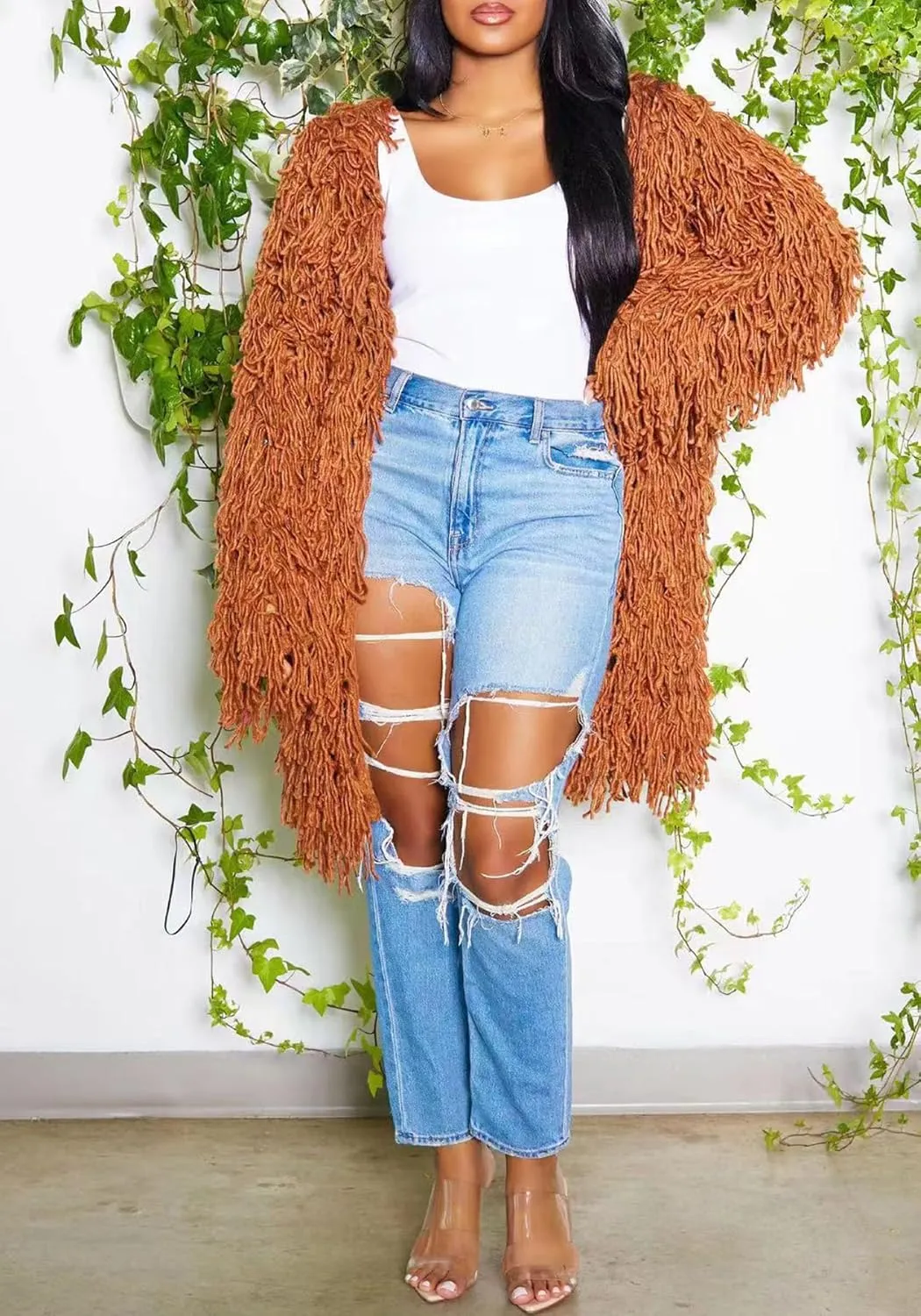 Tcremisa Women's Open Front Crochet Cardigans Long Sleeve Chunky Cable Knit Fringe Sweater Coats for Winter