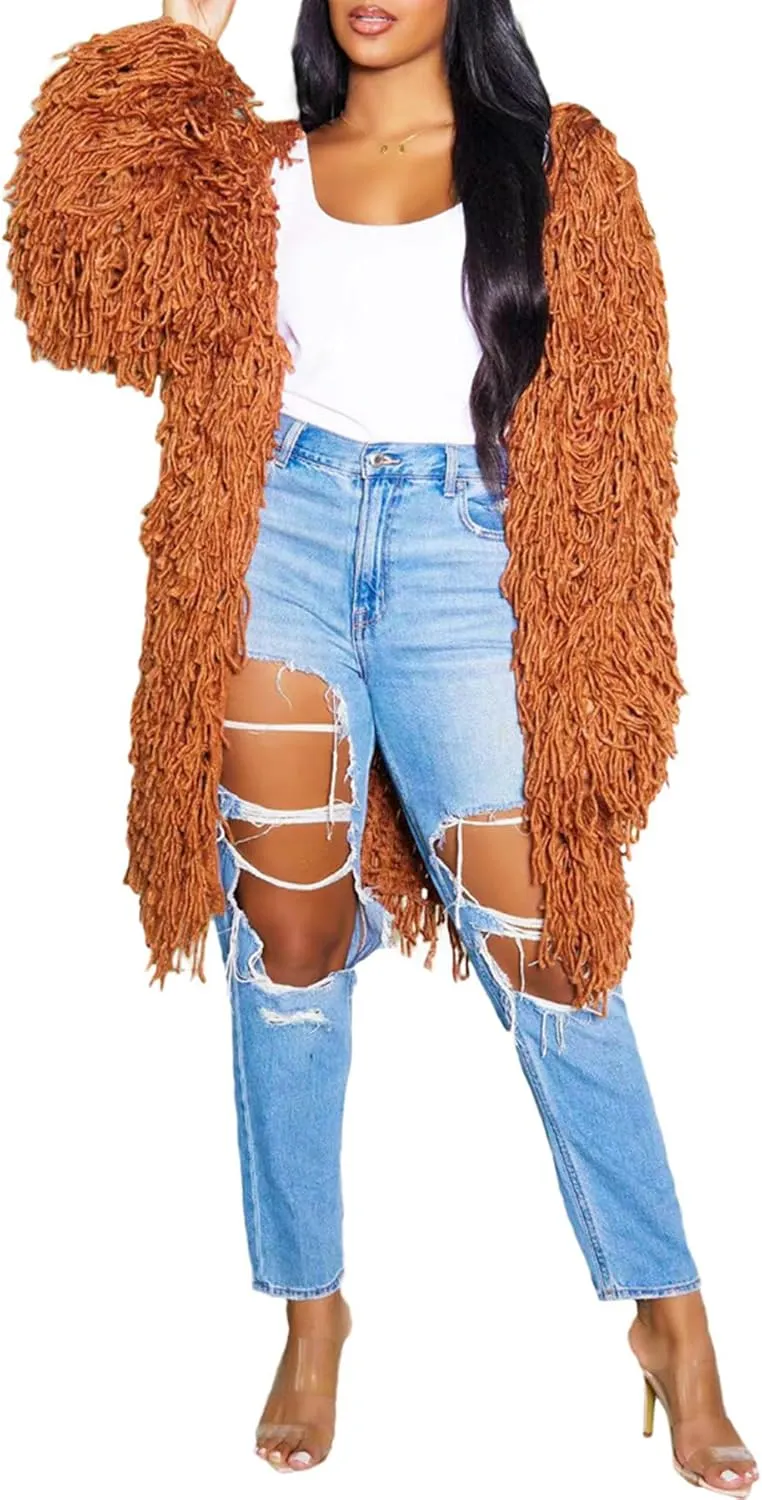 Tcremisa Women's Open Front Crochet Cardigans Long Sleeve Chunky Cable Knit Fringe Sweater Coats for Winter