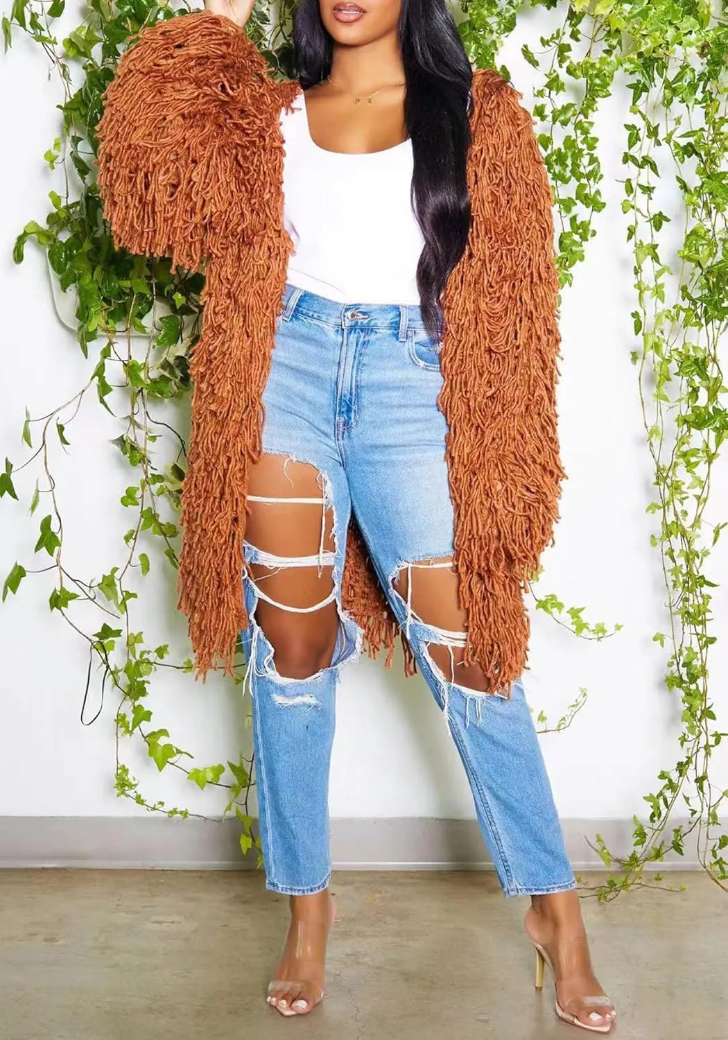 Tcremisa Women's Open Front Crochet Cardigans Long Sleeve Chunky Cable Knit Fringe Sweater Coats for Winter