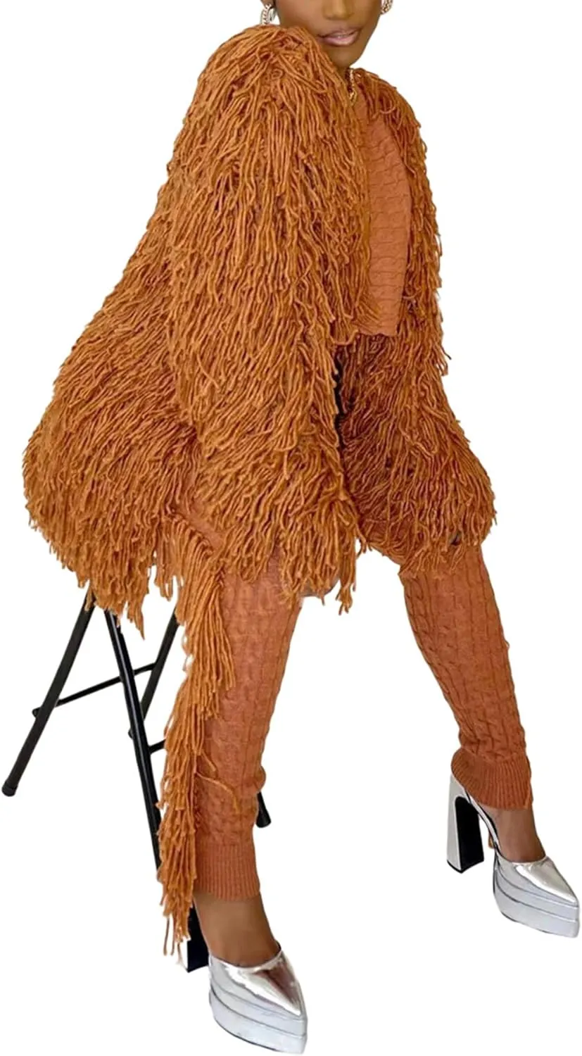 Tcremisa Women's Open Front Crochet Cardigans Long Sleeve Chunky Cable Knit Fringe Sweater Coats for Winter