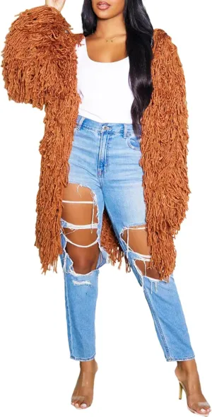 Tcremisa Women's Open Front Crochet Cardigans Long Sleeve Chunky Cable Knit Fringe Sweater Coats for Winter