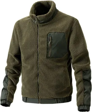 Thatrich Fleece Jacket Men Sherpa Bomber Jacket Stand Collar Shirt Lightweight Winter Coat Baseball Shirts Outwear Winter Top