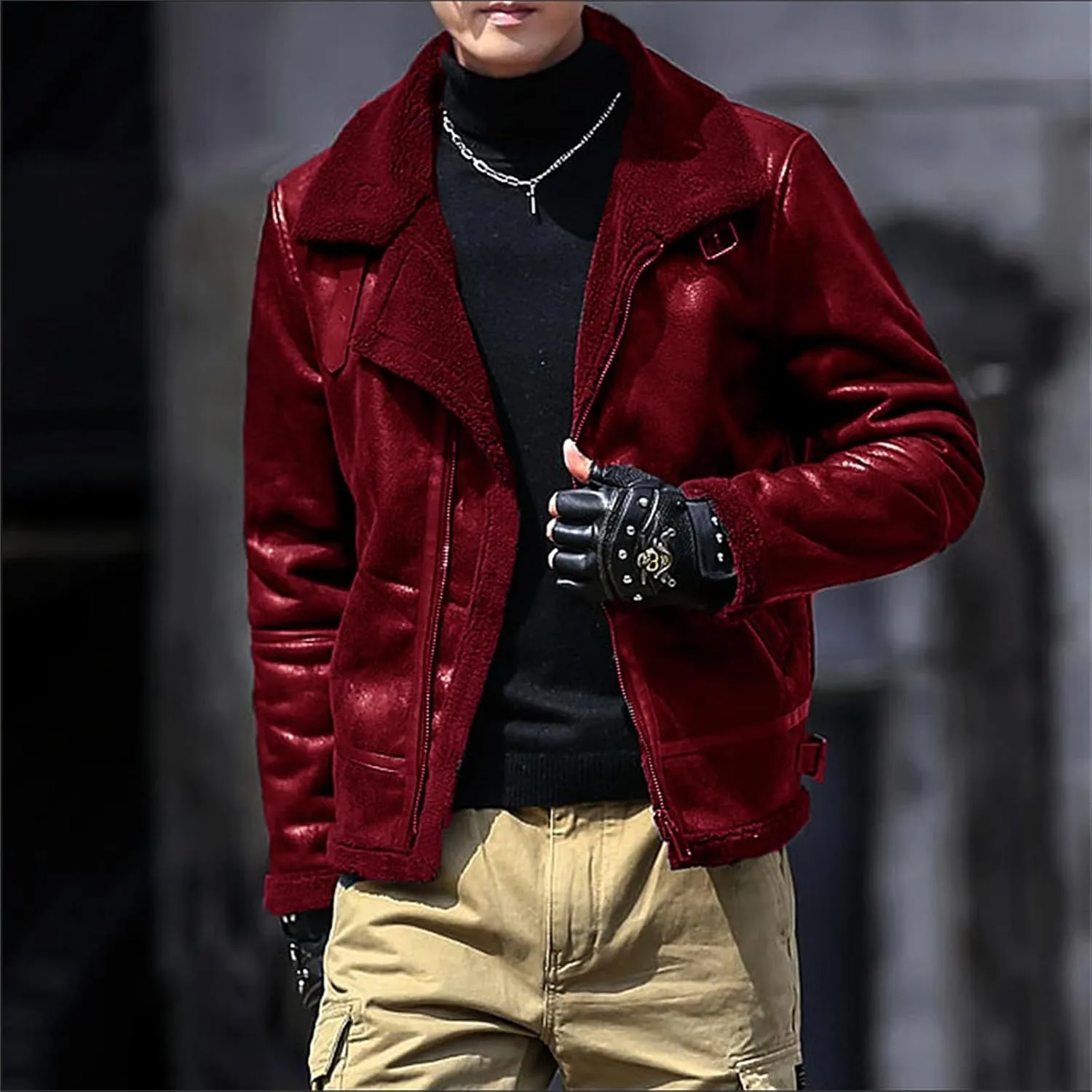 Thatrich Mens Moto Jackets Fleece Lined Faux Leather Jacket Lapel Sherpa Shirt Jacket Warm Winter Coats Slim Overcoat Outwear