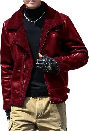 Thatrich Mens Moto Jackets Fleece Lined Faux Leather Jacket Lapel Sherpa Shirt Jacket Warm Winter Coats Slim Overcoat Outwear