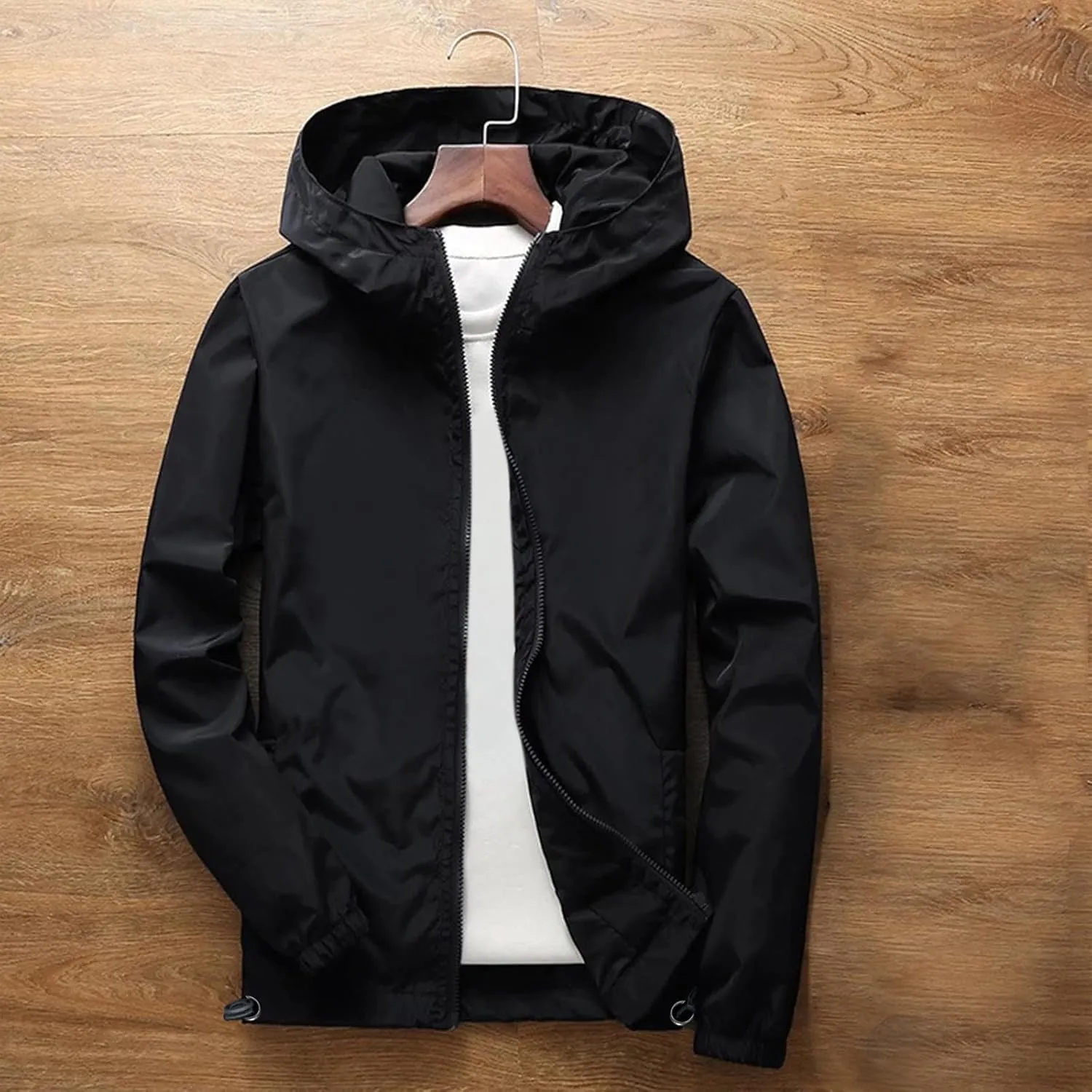 Thin Hooded Jacket for Mens Soft Shell Windproof Waterproof Hiking Coats Zipper Long Sleeve Casual Outwear Plus Size