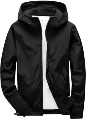 Thin Hooded Jacket for Mens Soft Shell Windproof Waterproof Hiking Coats Zipper Long Sleeve Casual Outwear Plus Size