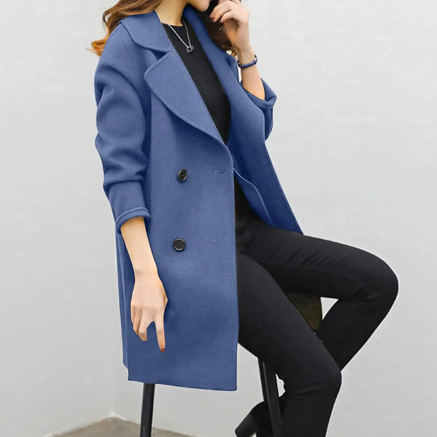 Trench Coat for Women 2024 Fall Classic Notch Lapel Double Breasted Pea Coats Midi Long Trench Coat Overcoat