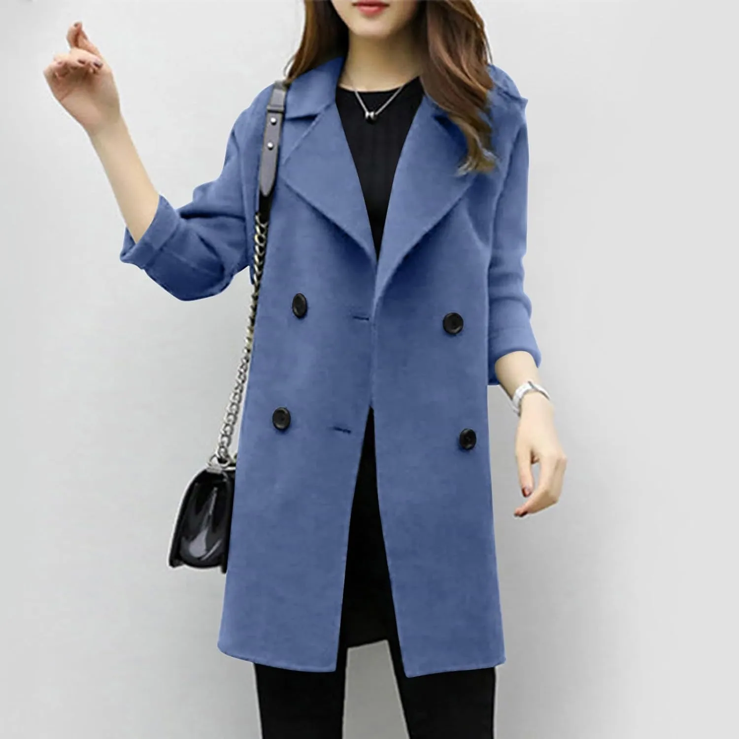 Trench Coat for Women 2024 Fall Classic Notch Lapel Double Breasted Pea Coats Midi Long Trench Coat Overcoat