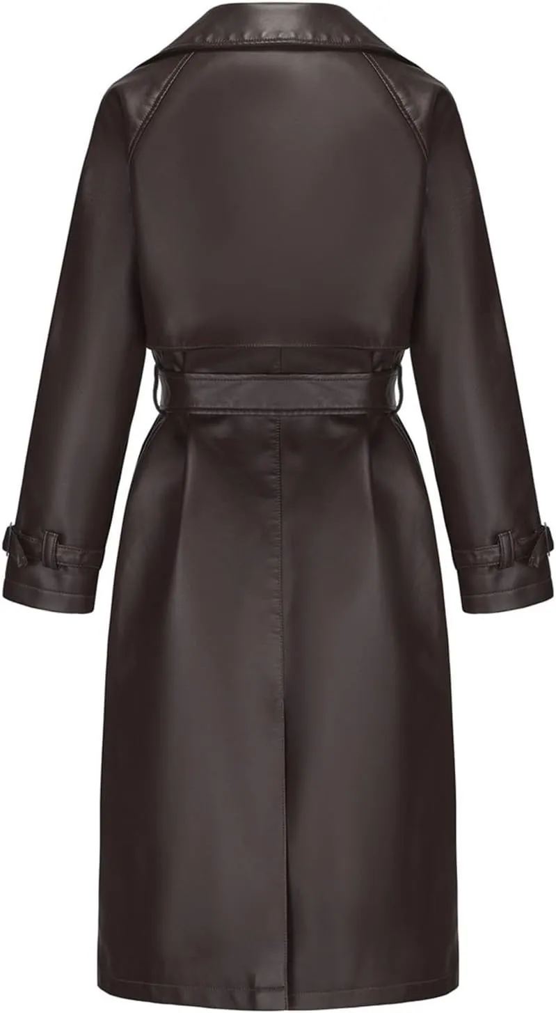 Trench Coat for Women 2024 Lapel Collar Long Leather Coats Casual Winter Windbreaker Jackets Pea Coats with Belt