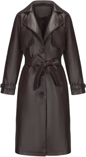 Trench Coat for Women 2024 Lapel Collar Long Leather Coats Casual Winter Windbreaker Jackets Pea Coats with Belt