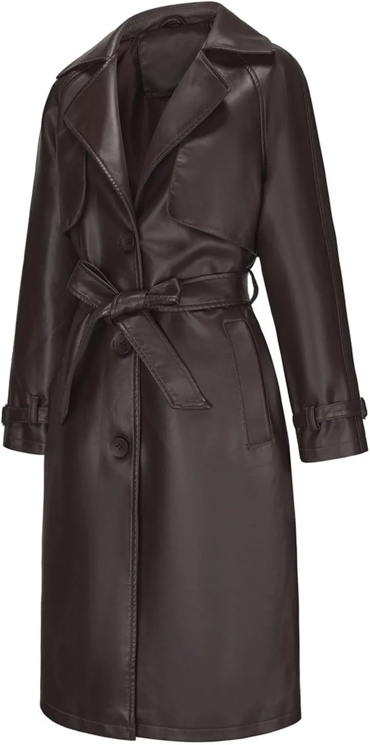Trench Coat for Women 2024 Lapel Collar Long Leather Coats Casual Winter Windbreaker Jackets Pea Coats with Belt