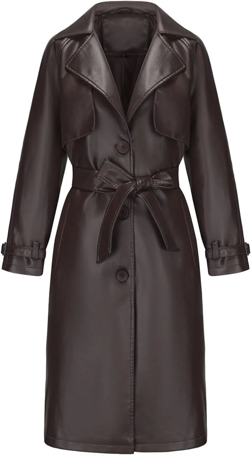 Trench Coat for Women 2024 Lapel Collar Long Leather Coats Casual Winter Windbreaker Jackets Pea Coats with Belt