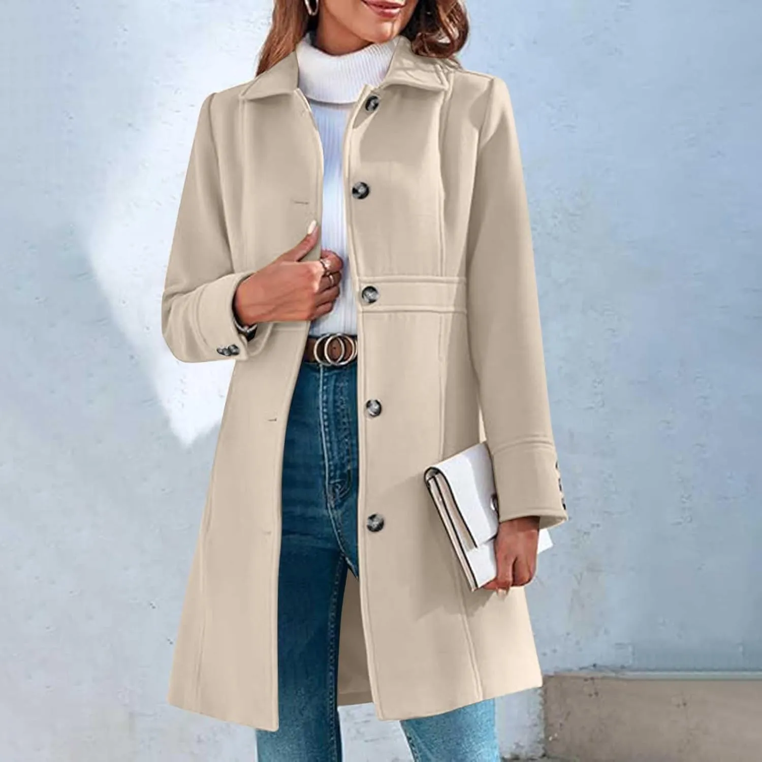 Trench Coat for Women 2024 Single Breasted Pea Coat Wool Blend Long Coat Casual Office Jacket Falll Winter Outfits