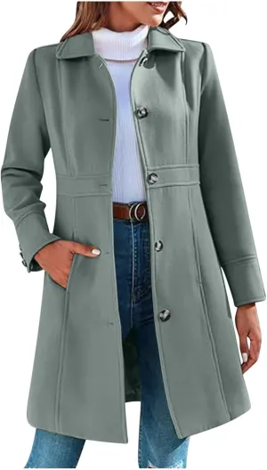 Trench Coat for Women 2024 Single Breasted Pea Coat Wool Blend Long Coat Casual Office Jacket Falll Winter Outfits