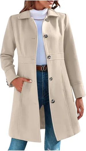 Trench Coat for Women 2024 Single Breasted Pea Coat Wool Blend Long Coat Casual Office Jacket Falll Winter Outfits