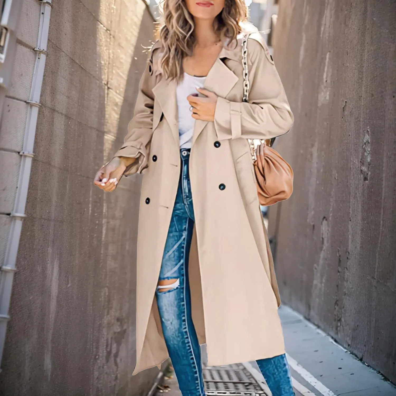 Trench Coat Women Fall Jackets Women's Double Breasted Long Trench Coats Windproof Classic Slim Overcoat with Belt
