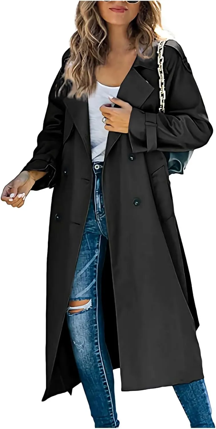Trench Coat Women Fall Jackets Women's Double Breasted Long Trench Coats Windproof Classic Slim Overcoat with Belt