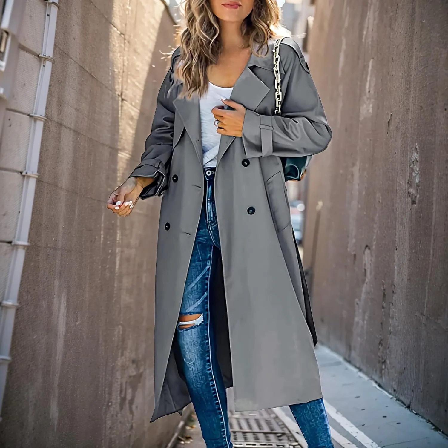 Trench Coat Women Fall Jackets Women's Double Breasted Long Trench Coats Windproof Classic Slim Overcoat with Belt