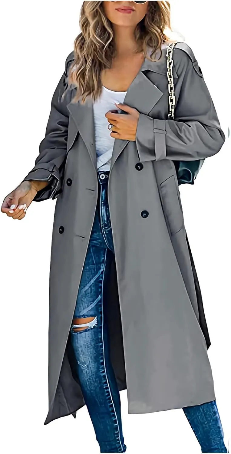 Trench Coat Women Fall Jackets Women's Double Breasted Long Trench Coats Windproof Classic Slim Overcoat with Belt
