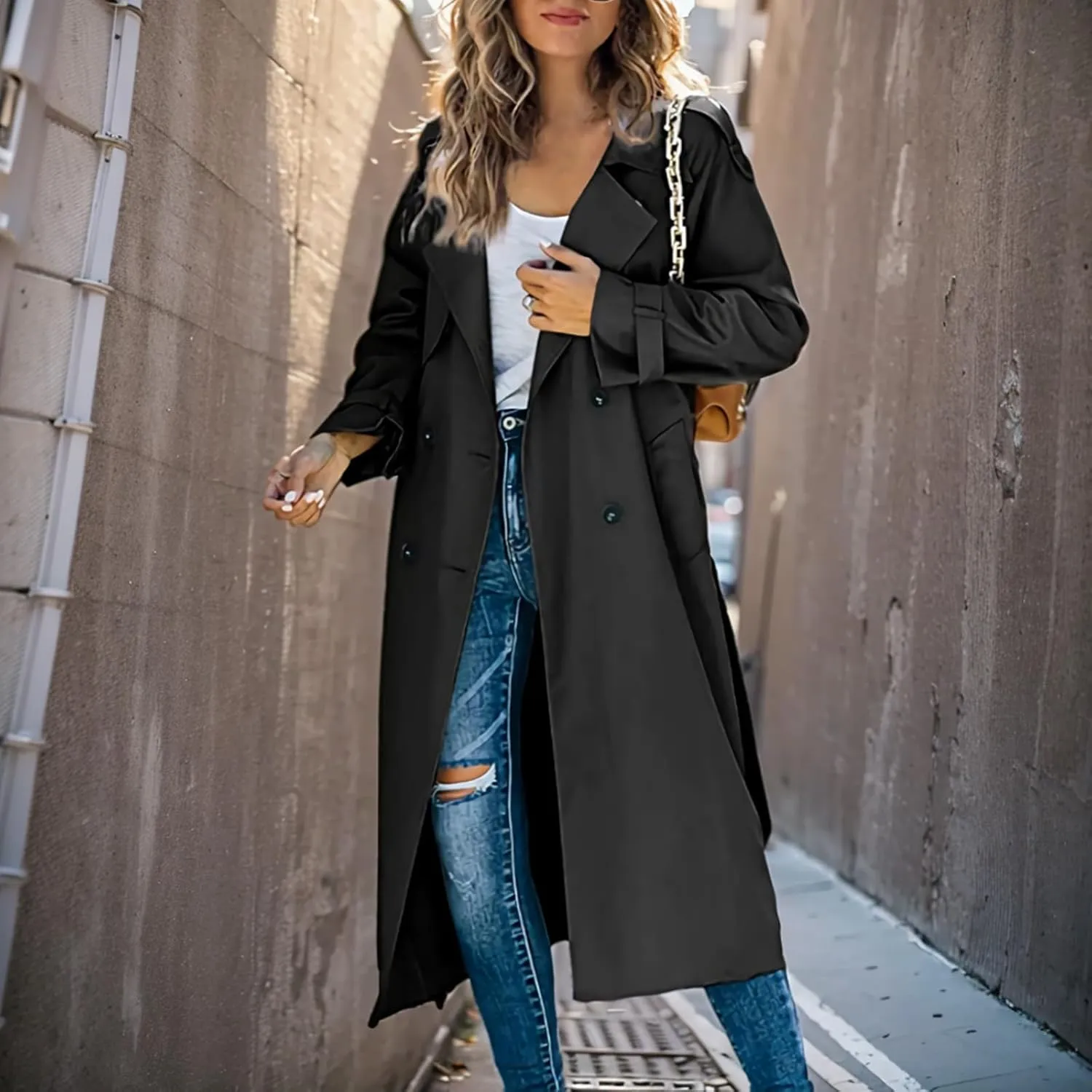 Trench Coat Women Fall Jackets Women's Double Breasted Long Trench Coats Windproof Classic Slim Overcoat with Belt