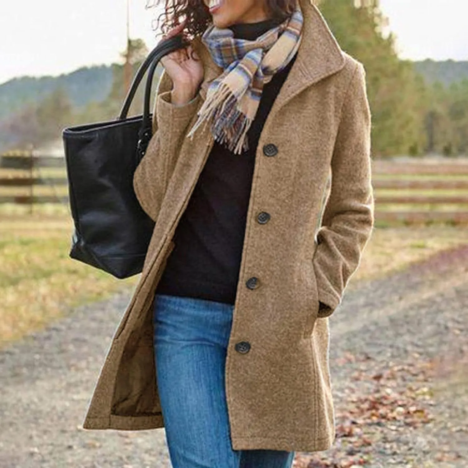 Trench Coat Women Faux Wool Single Breasted Pea Coat Mid Length Oversized Loose Long Trench Coat Dress Coat