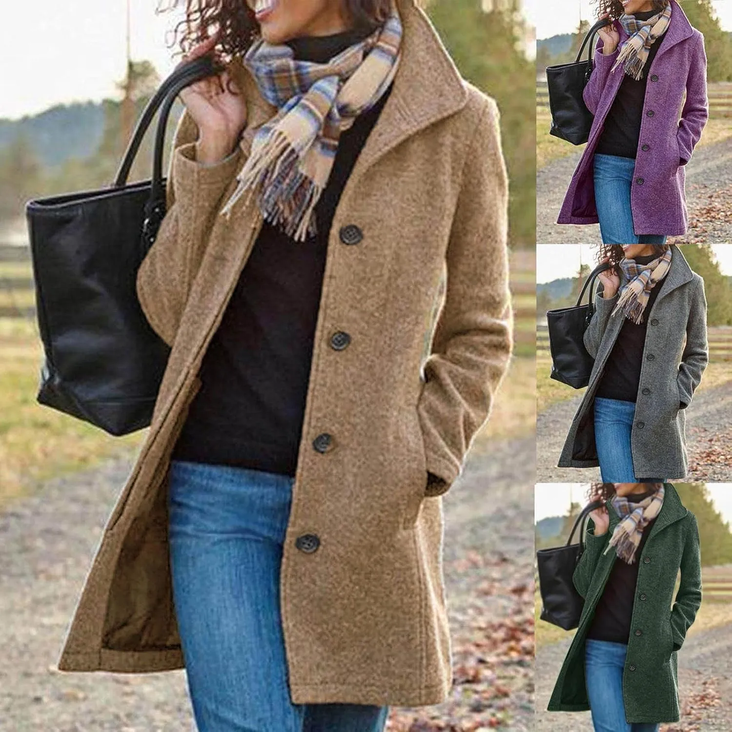 Trench Coat Women Faux Wool Single Breasted Pea Coat Mid Length Oversized Loose Long Trench Coat Dress Coat