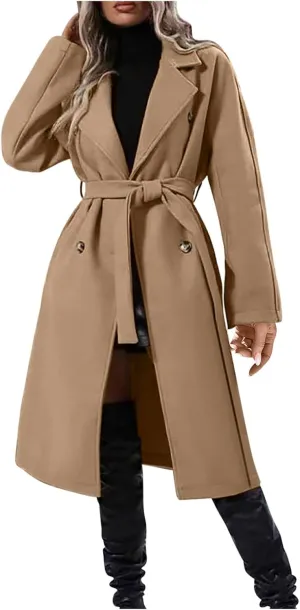 Trench Coats Womens, Long Double Breasted Knitted Outerwear Classic Lapel Overcoats Windproof Jacket with Belt