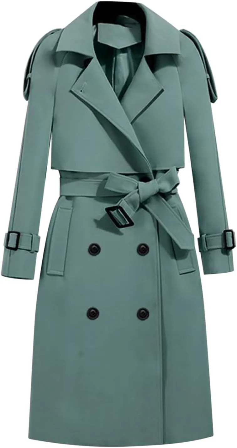 Trench Coats Womens, Long Double Breasted Knitted Outerwear Classic Lapel Overcoats Windproof Jacket with Belt
