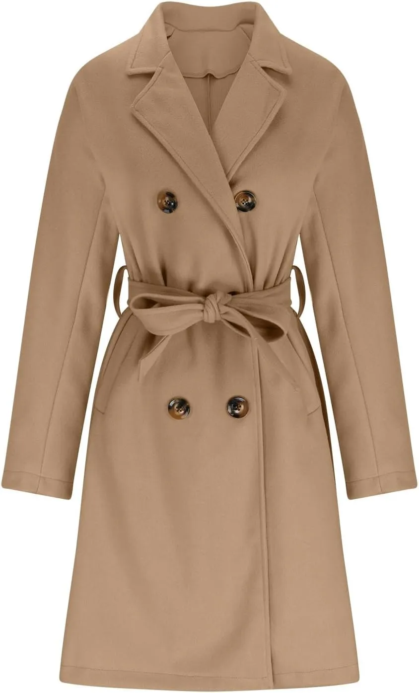 Trench Coats Womens, Long Double Breasted Knitted Outerwear Classic Lapel Overcoats Windproof Jacket with Belt