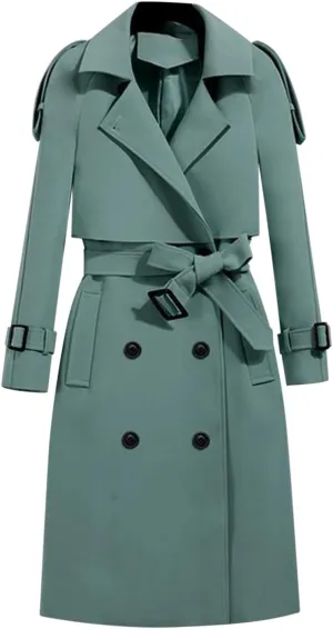 Trench Coats Womens, Long Double Breasted Knitted Outerwear Classic Lapel Overcoats Windproof Jacket with Belt