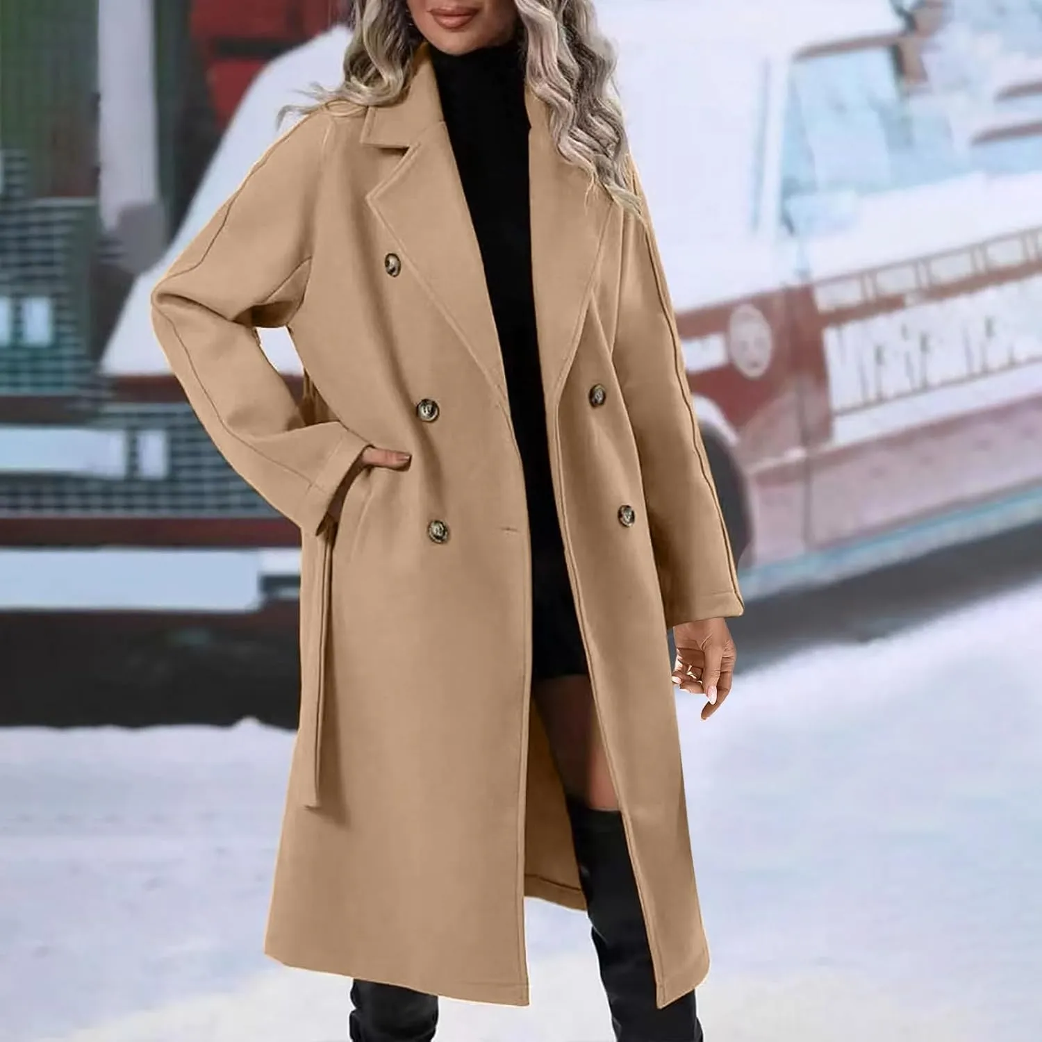 Trench Coats Womens, Long Double Breasted Knitted Outerwear Classic Lapel Overcoats Windproof Jacket with Belt
