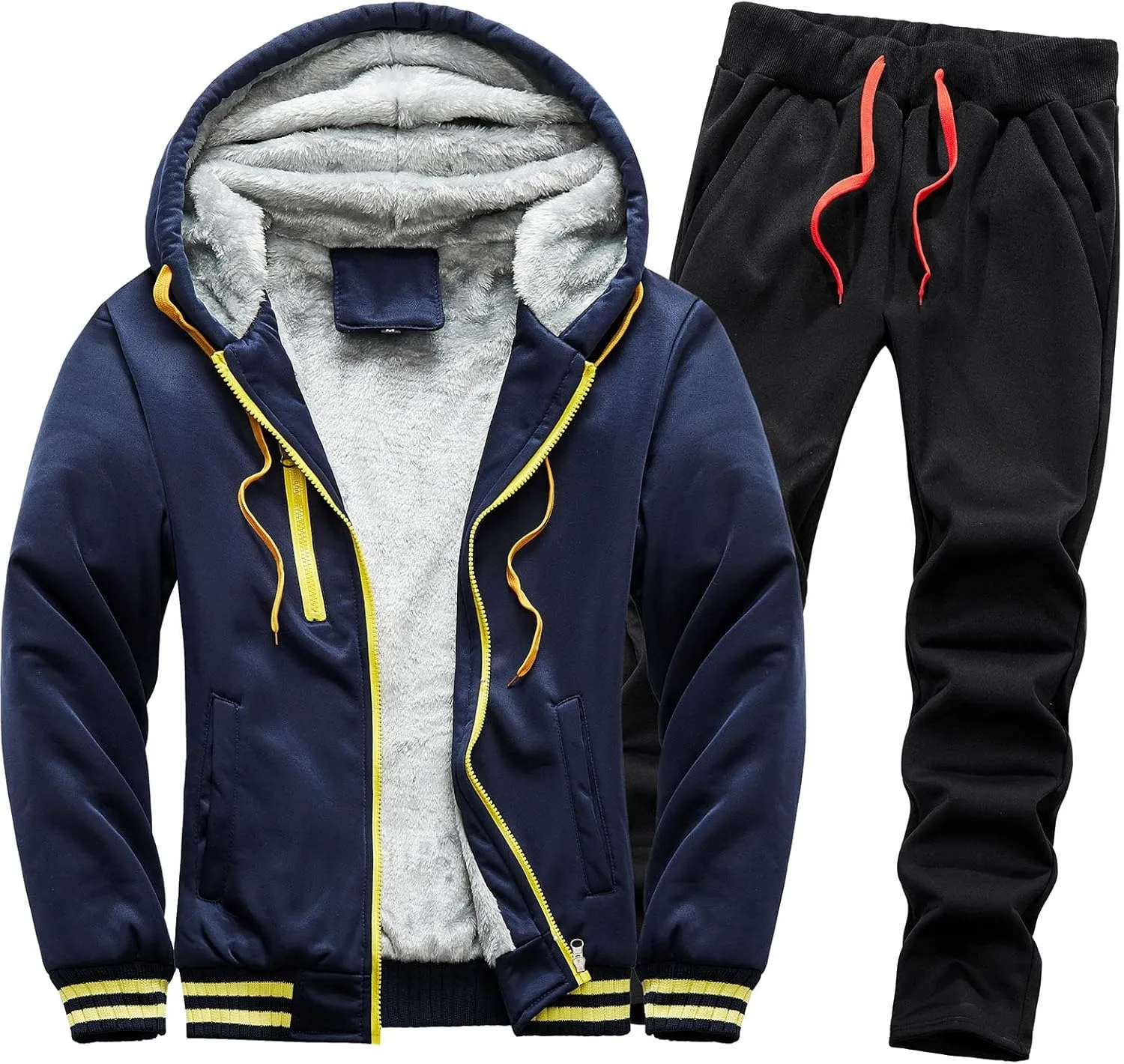 tuduoms Men's 2 Piece Tracksuits Sherpa Lined Full Zip Hoodie Jacket Fleece Jogger Pants Winter Warm Sweatsuits Sets