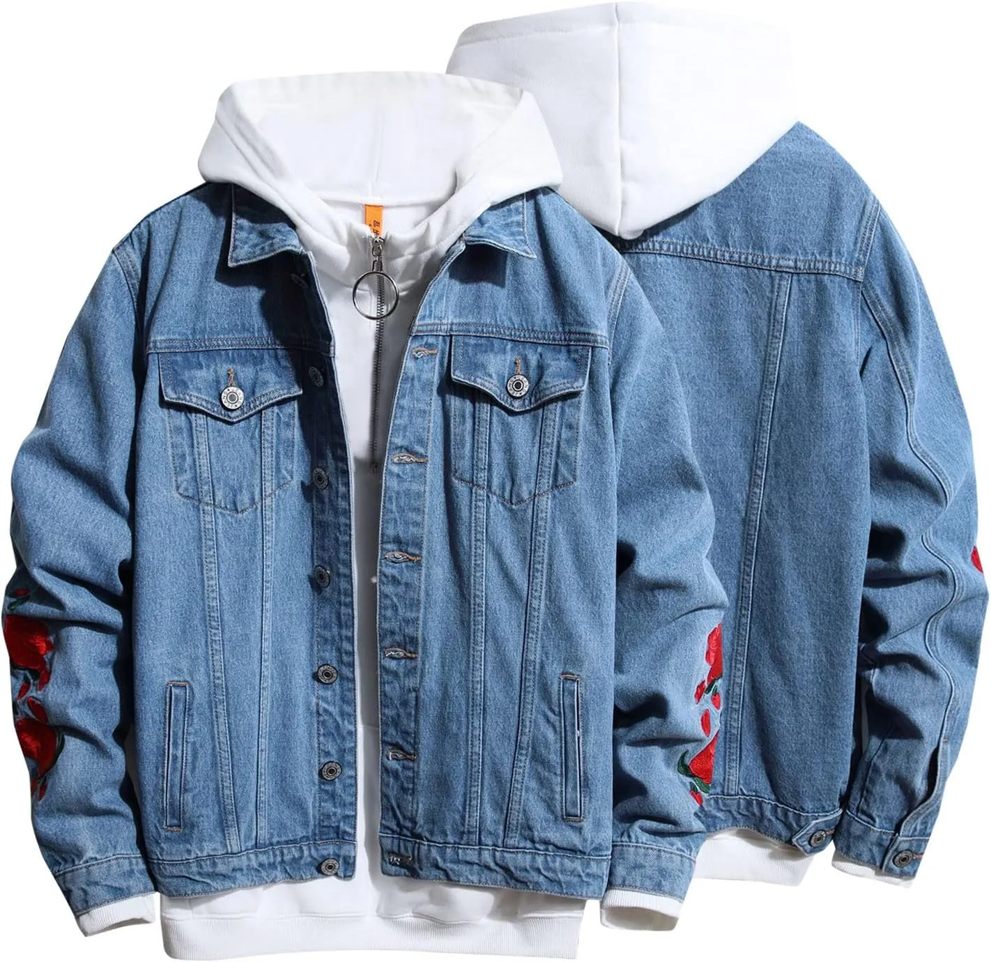 tuduoms Men's Cowboy Denim Hoodie Jacket Color Block Button Down Jean Jacket Fashion Casual Loose Long Sleeve Pullover Coat