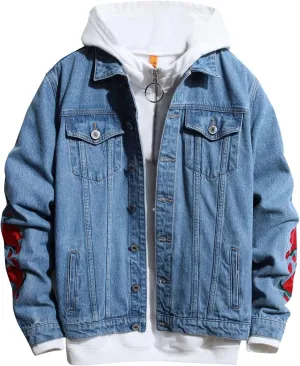 tuduoms Men's Cowboy Denim Hoodie Jacket Color Block Button Down Jean Jacket Fashion Casual Loose Long Sleeve Pullover Coat
