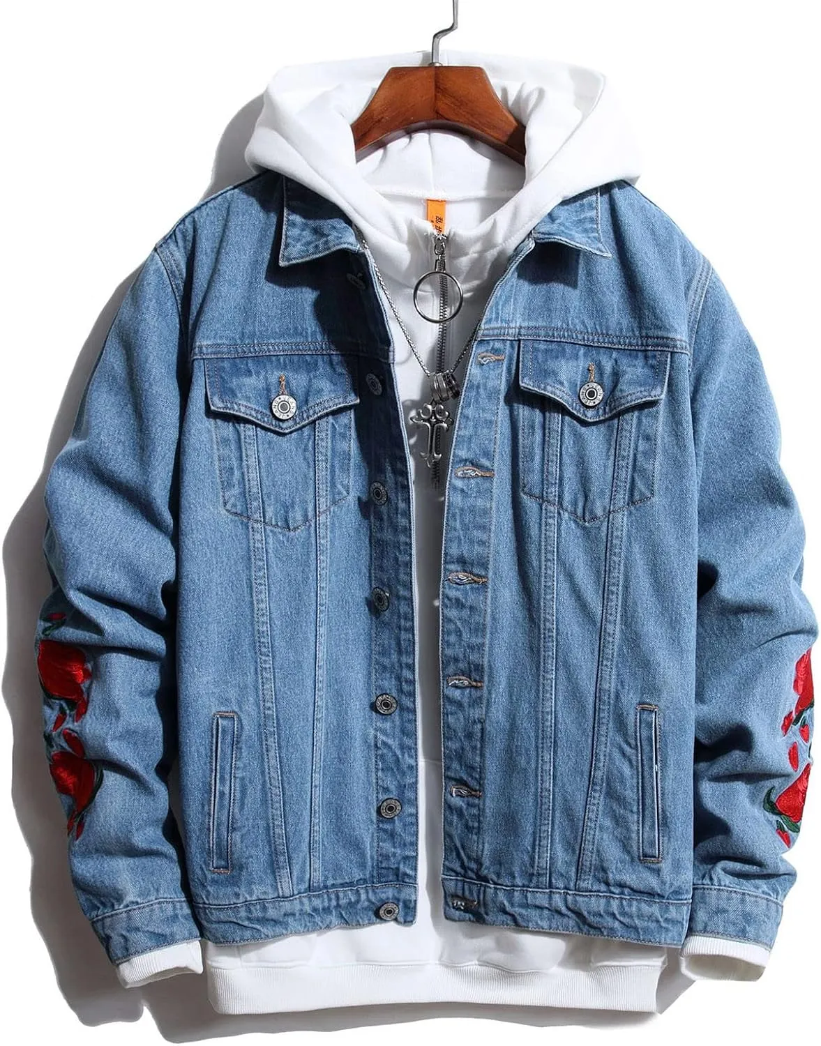 tuduoms Men's Cowboy Denim Hoodie Jacket Color Block Button Down Jean Jacket Fashion Casual Loose Long Sleeve Pullover Coat