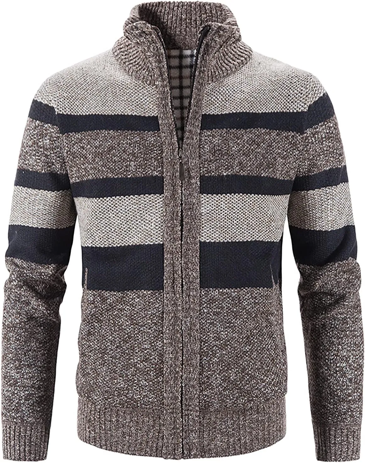 tuduoms Mens Full Zip Cardigan Thick Fleece Lined Sweater Coats Warm Winter Color Block Thermal Sweatshirts Jackets Pocket