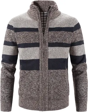 tuduoms Mens Full Zip Cardigan Thick Fleece Lined Sweater Coats Warm Winter Color Block Thermal Sweatshirts Jackets Pocket