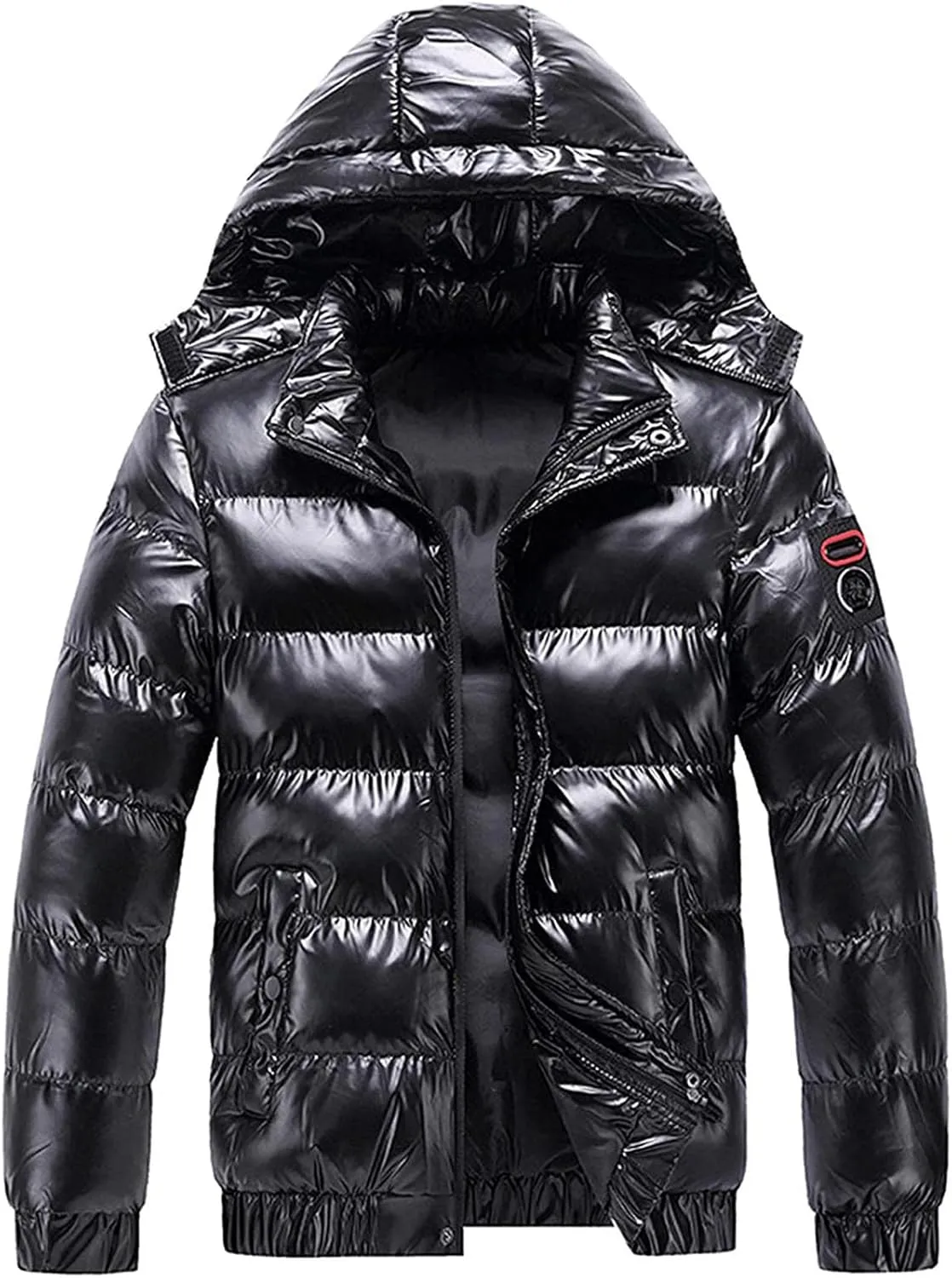 tuduoms Men's Retro Bubble Puffer Jacket Hooded Full Zip Metallic Shiny Puffy Down Coat Warm Winter Outwear Mountain Parkas