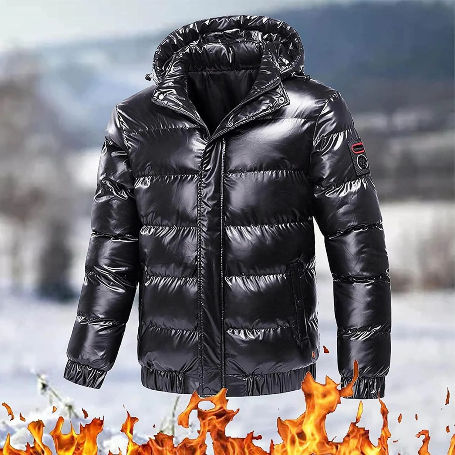 tuduoms Men's Retro Bubble Puffer Jacket Hooded Full Zip Metallic Shiny Puffy Down Coat Warm Winter Outwear Mountain Parkas