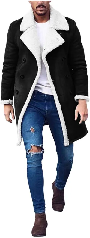 tuduoms Sherpa Black Leather Coat Men's Lapel Fleece Lined Leather Jacket Winter Warm Long Trench Coat Motorbike Bomber Coat