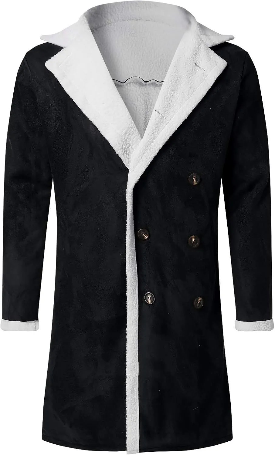 tuduoms Sherpa Black Leather Coat Men's Lapel Fleece Lined Leather Jacket Winter Warm Long Trench Coat Motorbike Bomber Coat