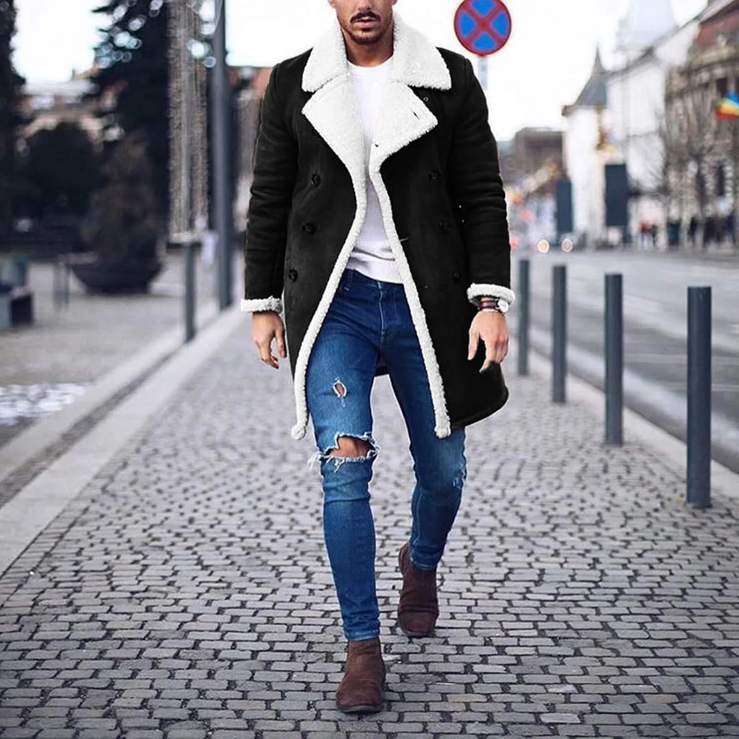 tuduoms Sherpa Black Leather Coat Men's Lapel Fleece Lined Leather Jacket Winter Warm Long Trench Coat Motorbike Bomber Coat