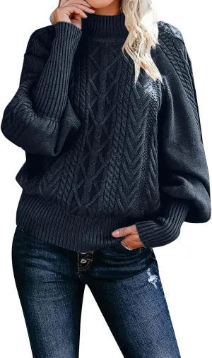 Turtleneck Sweater for Women Oversized Pullover Sweaters Cable Knit Batwing Long Sleeve Loose Fit Chunky Jumper Tops