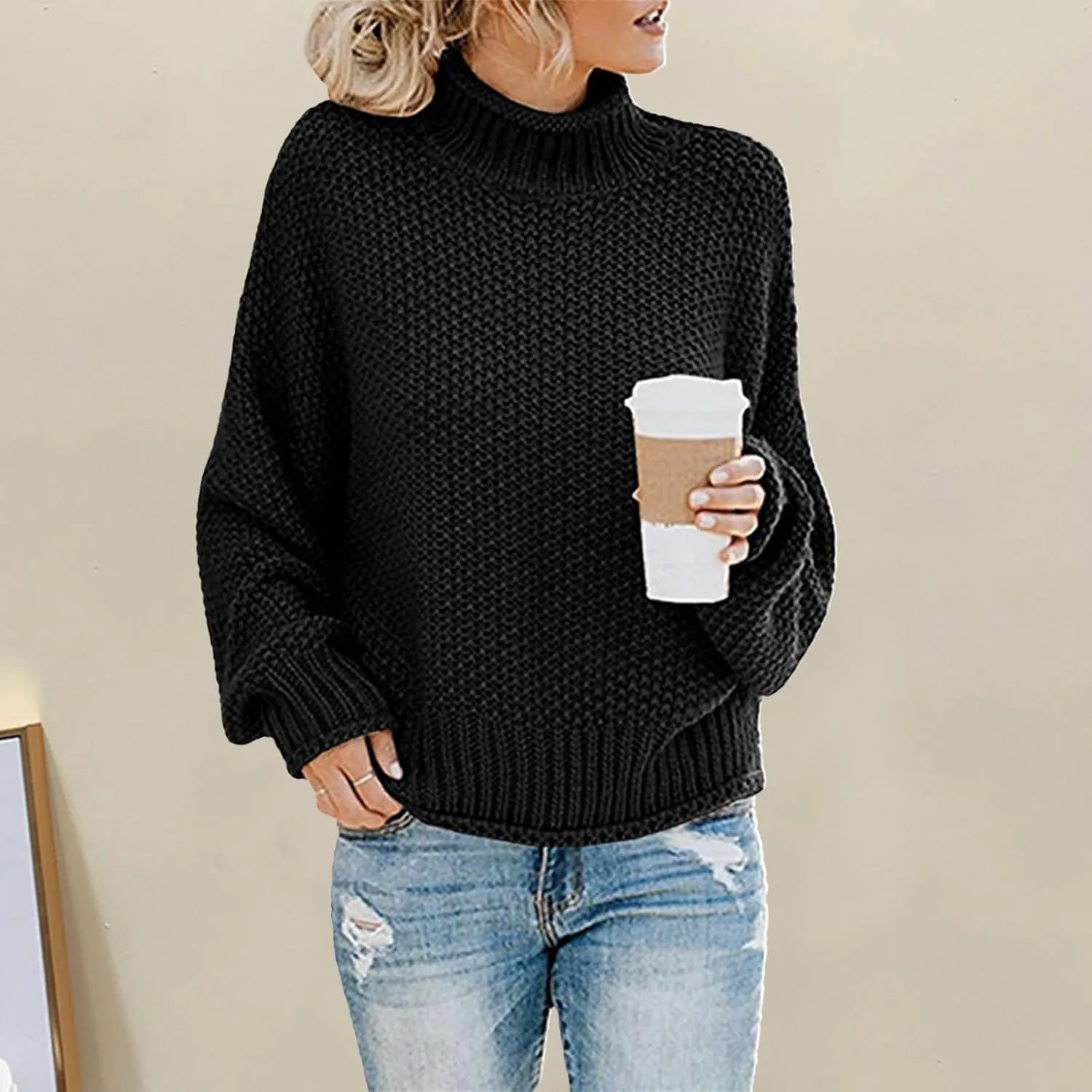 Turtleneck Sweater Women Oversized Batwing Sleeve Cardigan Knit Pullover Sweater Soild Color Tops