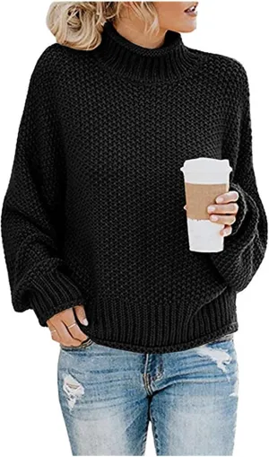 Turtleneck Sweater Women Oversized Batwing Sleeve Cardigan Knit Pullover Sweater Soild Color Tops